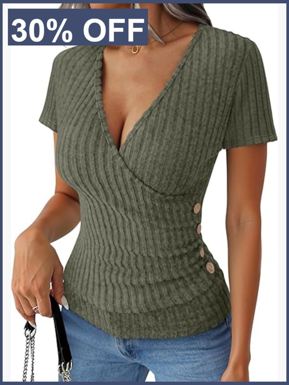 Women's V Neck Short Sleeve Ribbed Slim Fit T-Shirt, Dressy Casual Top